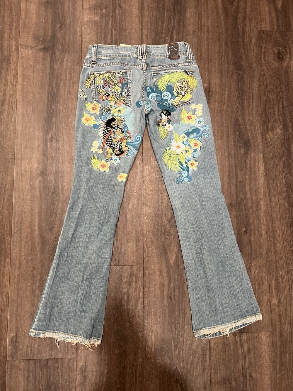 Vintage MARLOW Jeans Y2K Embroidered Japanese Dragon Tiger Geisha Size 26/3 Rare